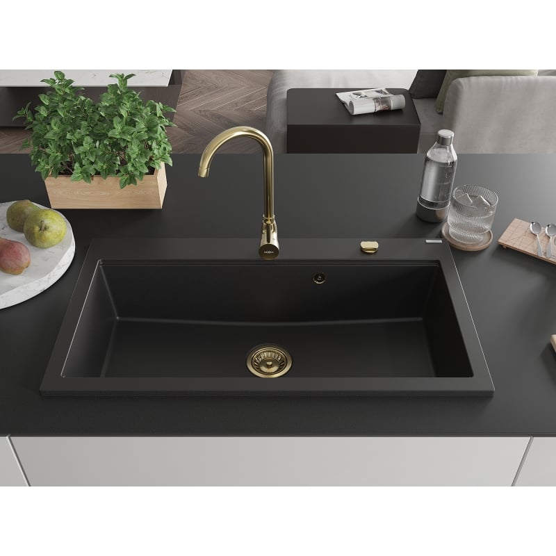 Mexen Slido granite kitchen sink 1-bowl 900 x 500 mm, black, golden siphon - 6528901005-77-G