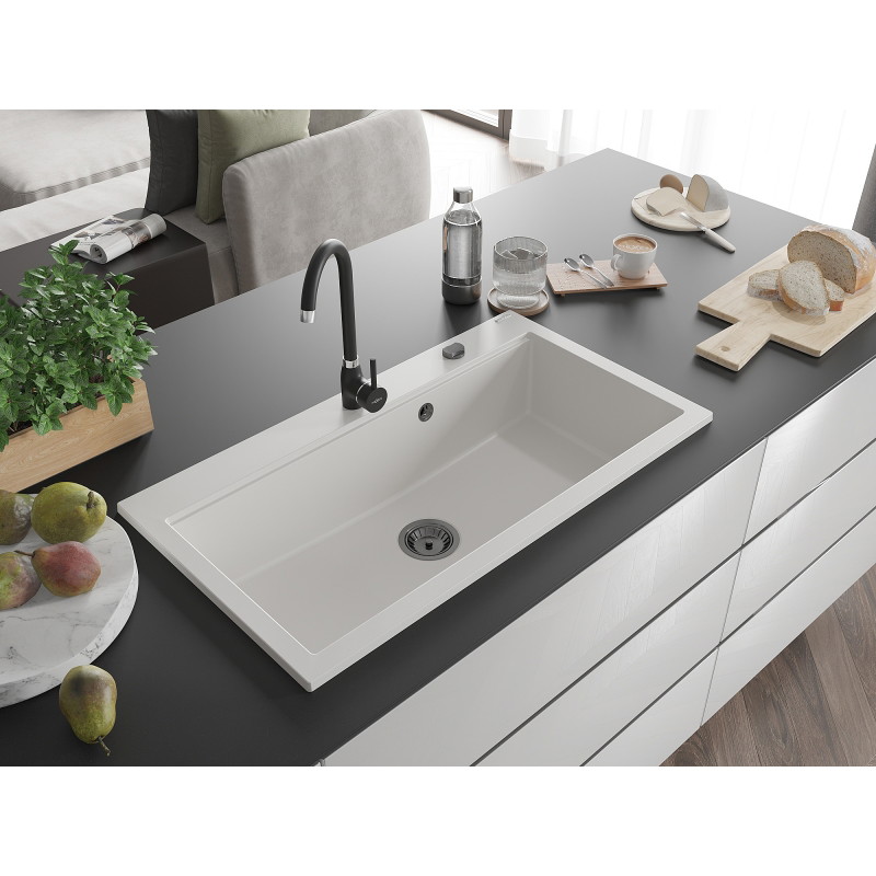 Mexen Slido 1-bowl granite kitchen sink, 900 x 500 mm, white, black waste trap - 6528901005-20-B