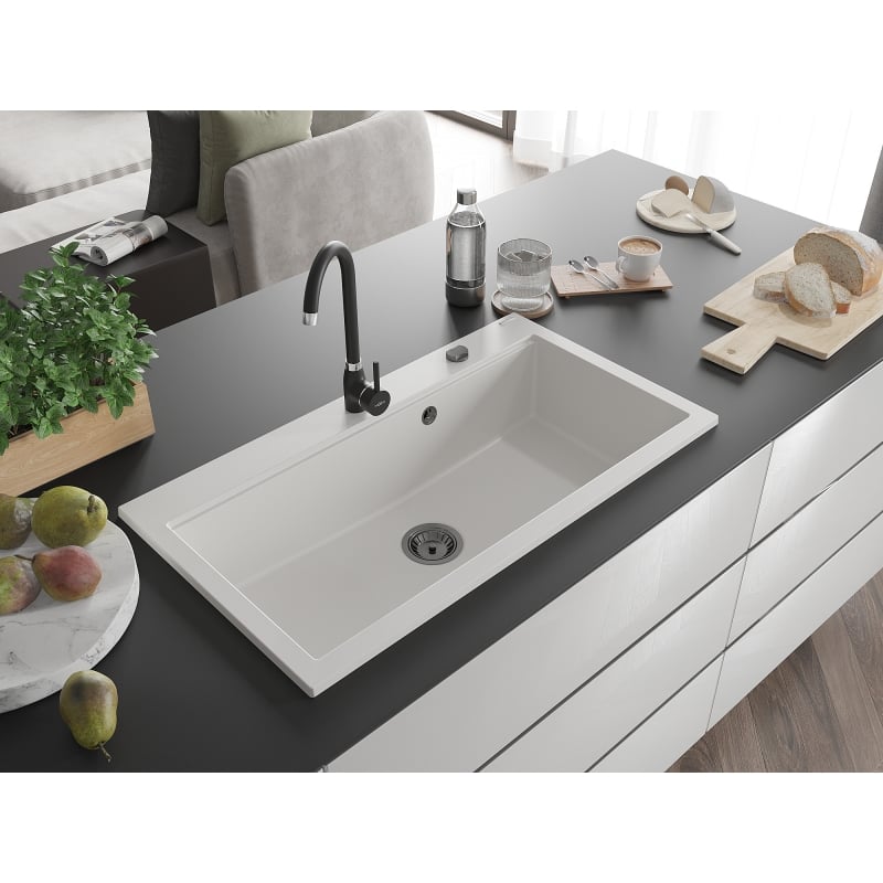 Mexen Slido granite kitchen sink 1-bowl 900 x 500 mm, white, black siphon - 6528901005-20-B