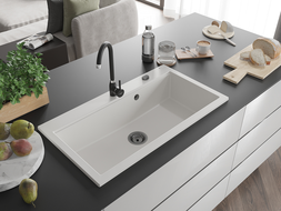 Mexen Slido granite kitchen sink 1-bowl 900 x 500 mm, white, black siphon - 6528901005-20-B