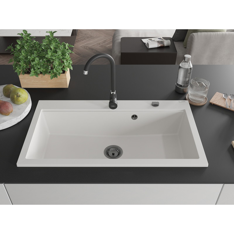 Mexen Slido 1-bowl granite kitchen sink, 900 x 500 mm, white, black waste trap - 6528901005-20-B