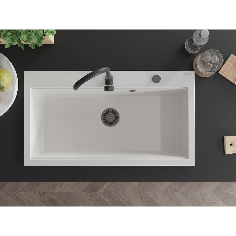 Mexen Slido granite kitchen sink 1-bowl 900 x 500 mm, white, black siphon - 6528901005-20-B