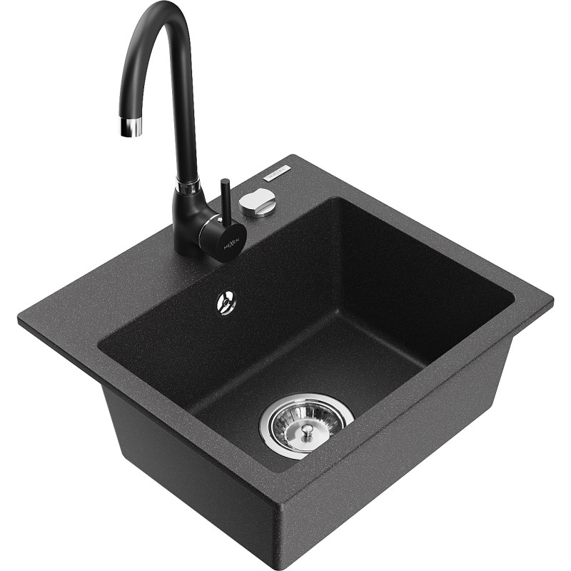 Mexen Milo granite sink 1-bowl with Telma kitchen faucet, black speckled - 6505-76-670200-70