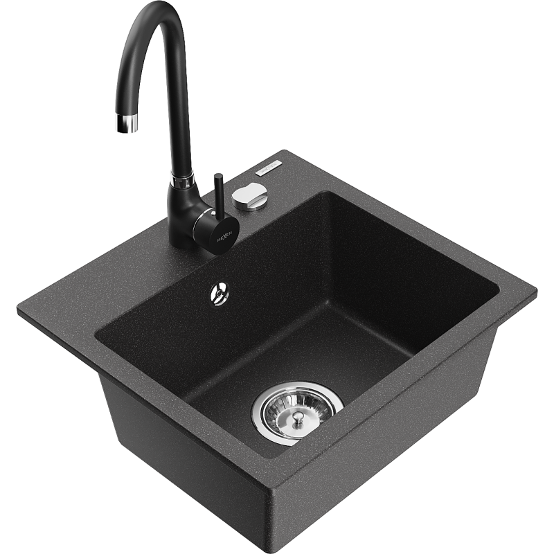 Mexen Milo granite sink 1-bowl with Telma kitchen tap, black speckled - 6505-76-670200-70