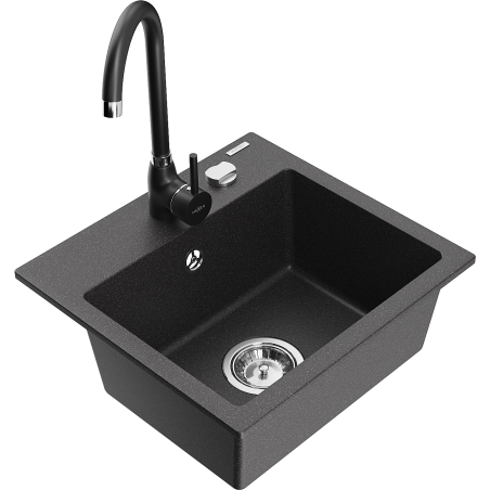 Mexen Milo granite sink 1-bowl with Telma kitchen faucet, black speckled - 6505-76-670200-70