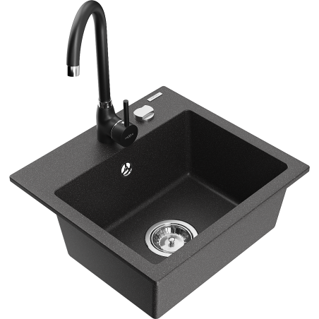 Mexen Milo granite sink 1-bowl with Telma kitchen tap, black speckled - 6505-76-670200-70