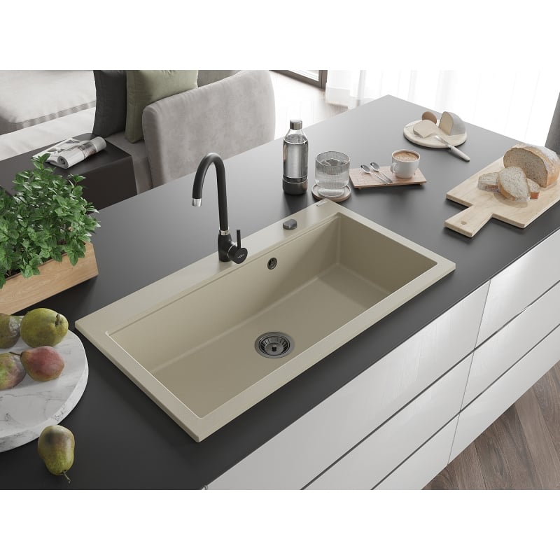 Mexen Slido granite sink 1-compartment 900 x 500 mm, beige, black siphon - 6528901005-69-B