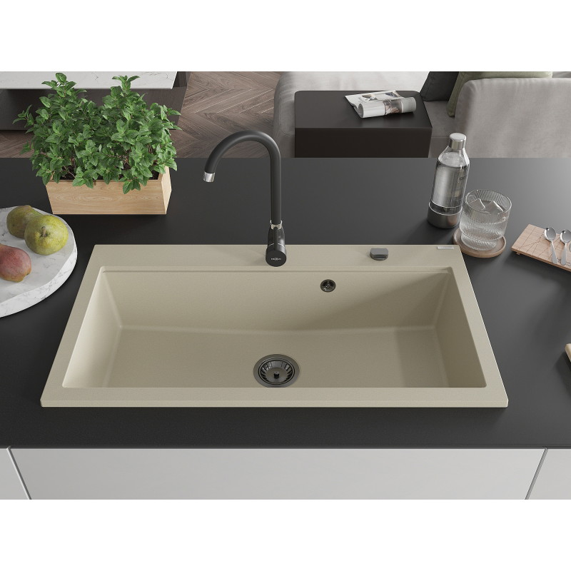 Mexen Slido 1-bowl granite kitchen sink 900 x 500 mm, beige, black drain trap - 6528901005-69-B