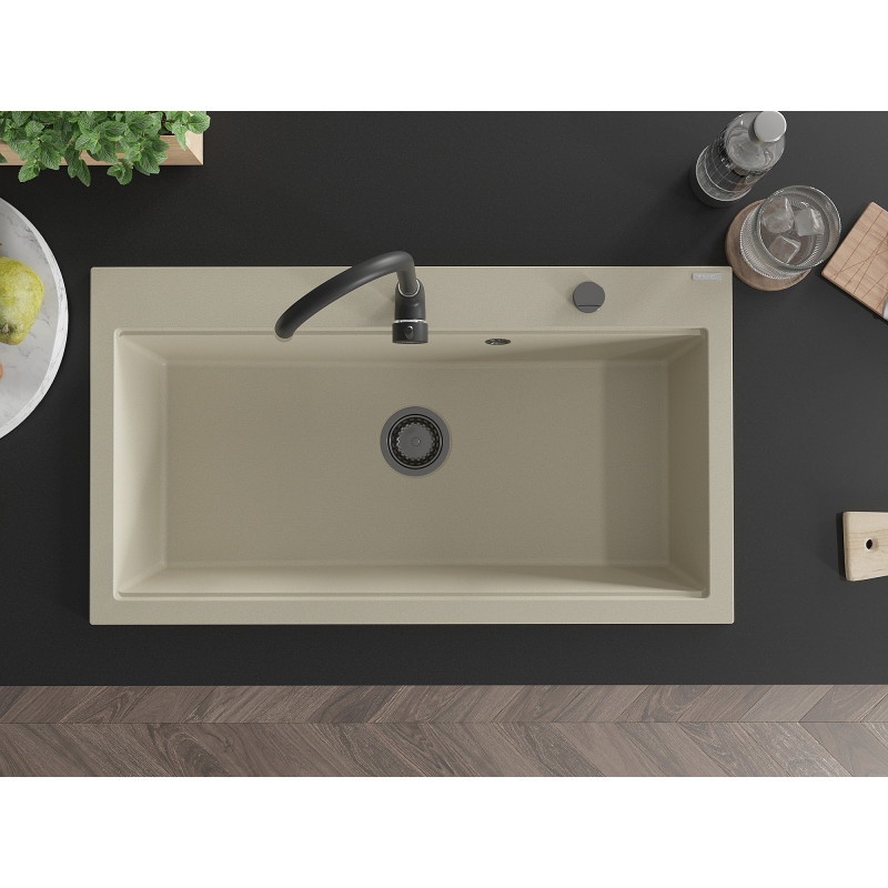 Mexen Slido 1-bowl granite kitchen sink 900 x 500 mm, beige, black drain trap - 6528901005-69-B