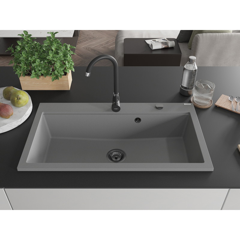 Mexen Slido 1-bowl granite kitchen sink 900 x 500 mm, grey, black waste trap - 6528901005-71-B