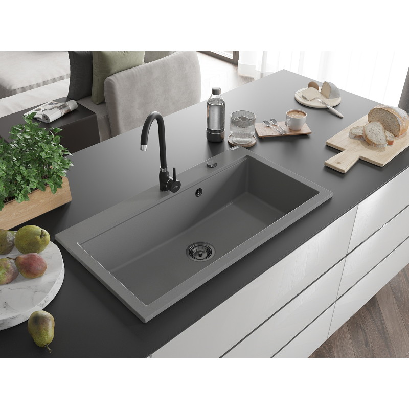 Mexen Slido 1-bowl granite kitchen sink 900 x 500 mm, grey, black waste trap - 6528901005-71-B