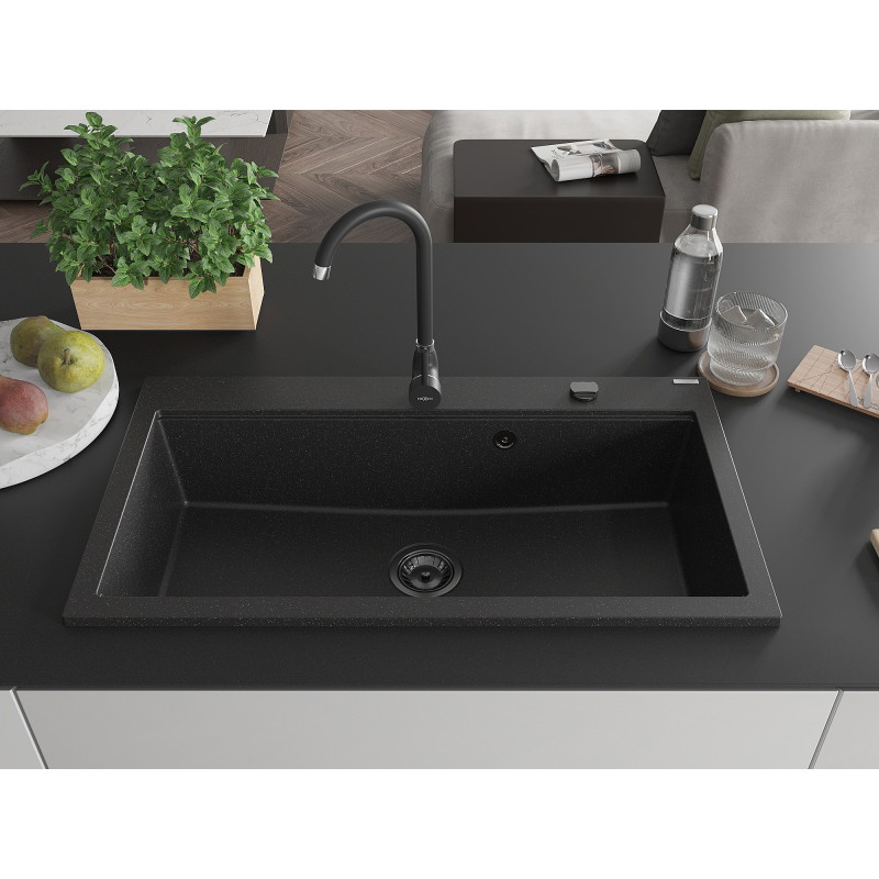 Mexen Slido 1-bowl granite kitchen sink, 900 x 500 mm, black/metallic silver, black waste trap - 6528901005-73-B