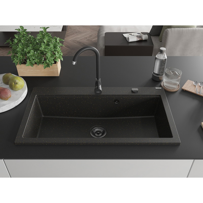 Mexen Slido single-bowl granite sink 900 x 500 mm, black/metallic gold, black siphon - 6528901005-75-B