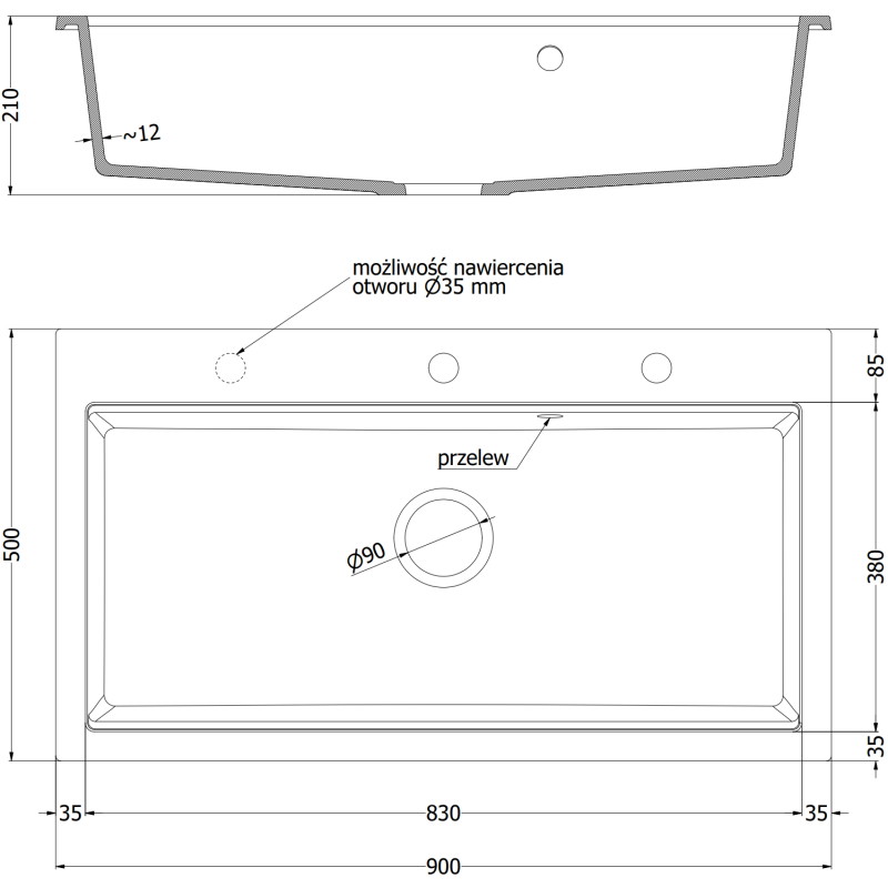 Mexen Slido 1-Bowl Granite Kitchen Sink 900 x 500 mm, Speckled Black, Black Waste Trap - 6528901005-76-B
