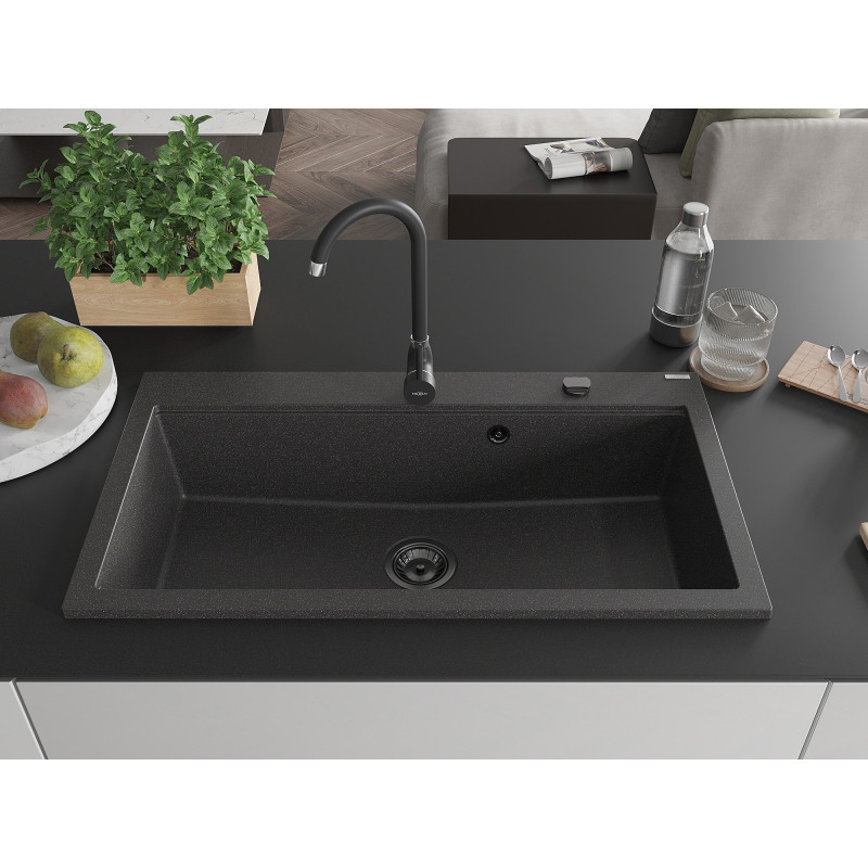 Mexen Slido 1-Bowl Granite Kitchen Sink 900 x 500 mm, Speckled Black, Black Waste Trap - 6528901005-76-B
