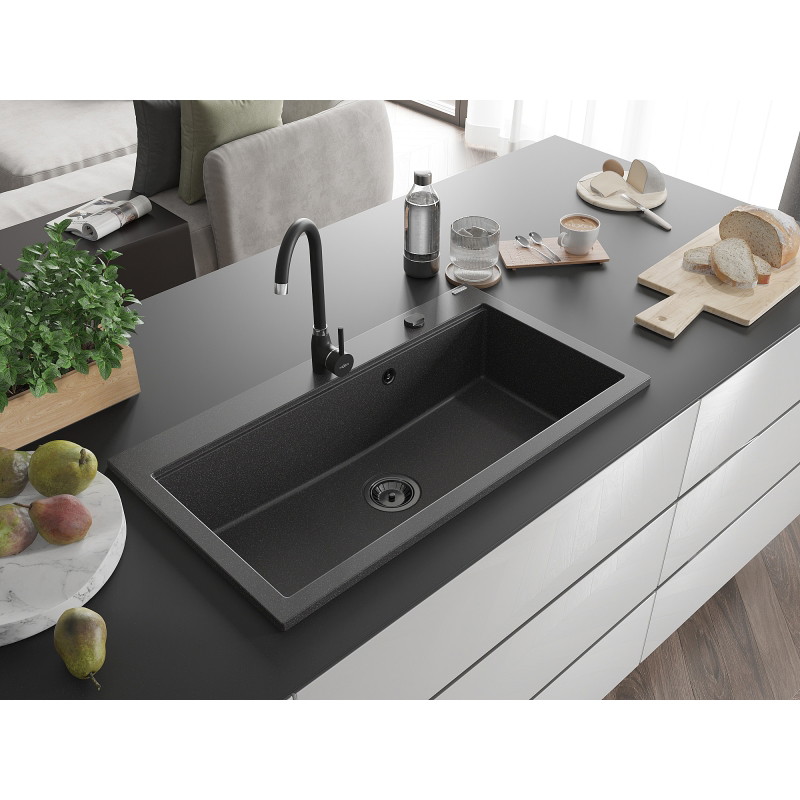 Mexen Slido granite sink 1-bowl 900 x 500 mm, black speckled, black siphon - 6528901005-76-B