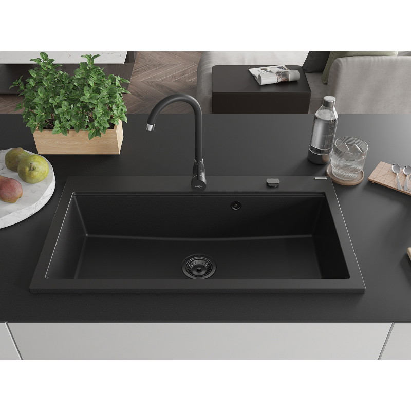 Mexen Slido granite sink single-bowl 900 x 500 mm, black, black siphon - 6528901005-77-B