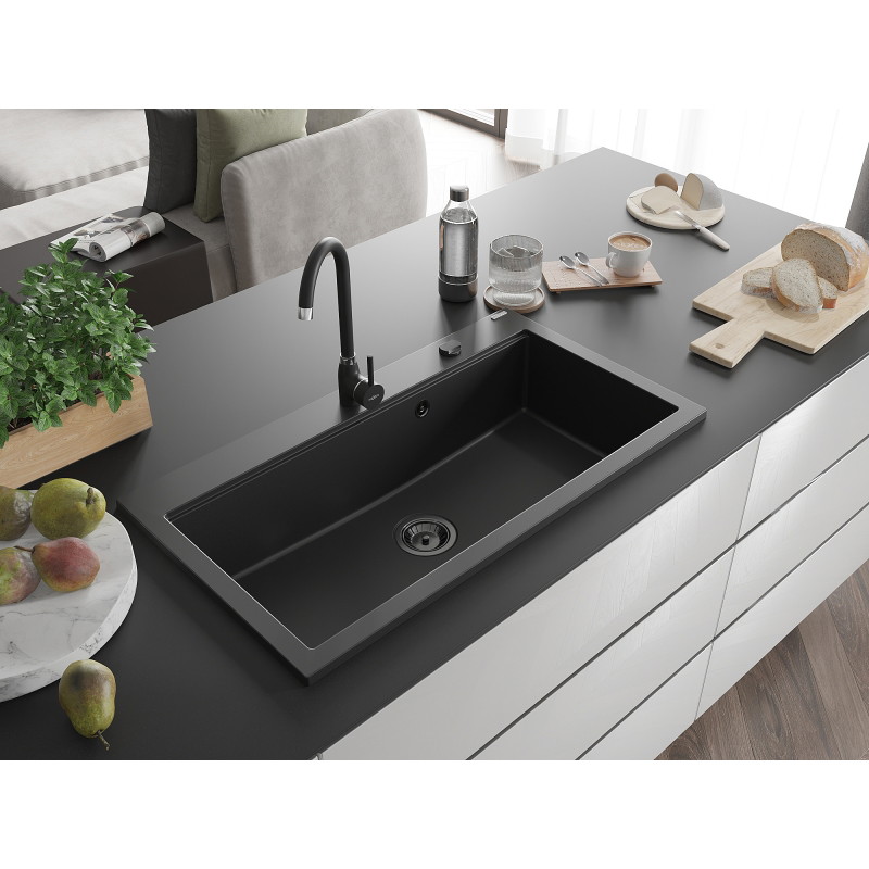 Mexen Slido granite single-bowl sink 900 x 500 mm, black, black siphon - 6528901005-77-B