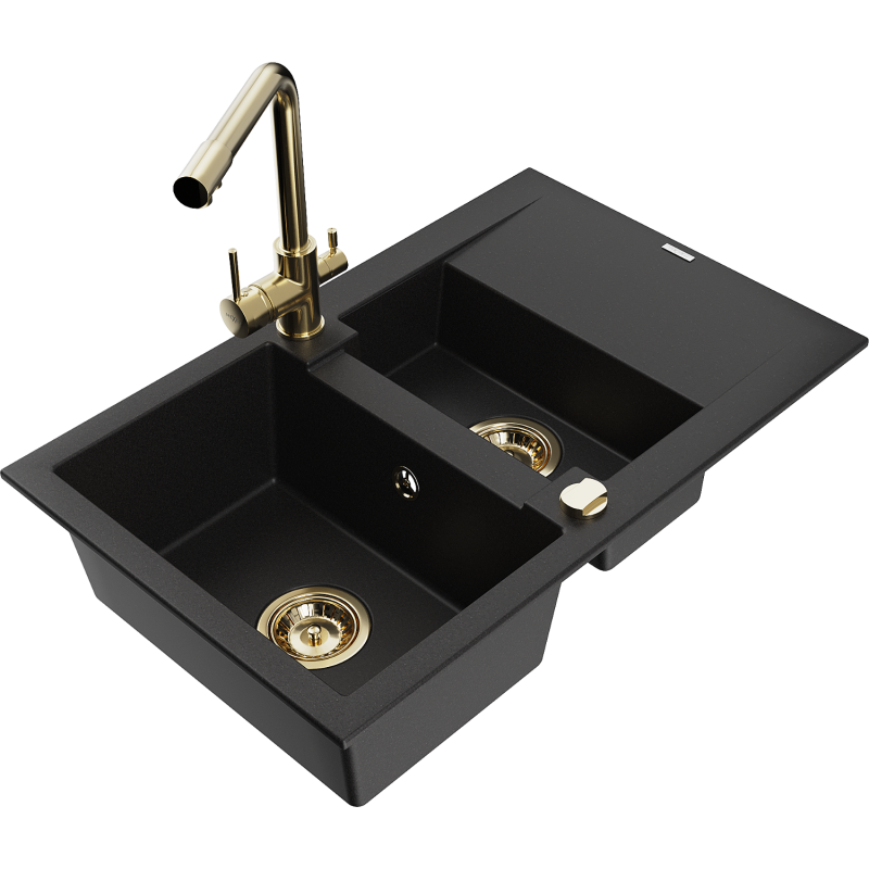 Mexen Gaspar 1.5-compartment granite sink with a drip tray and kitchen mixer tap Duero, Black - 6507-77-671600-50