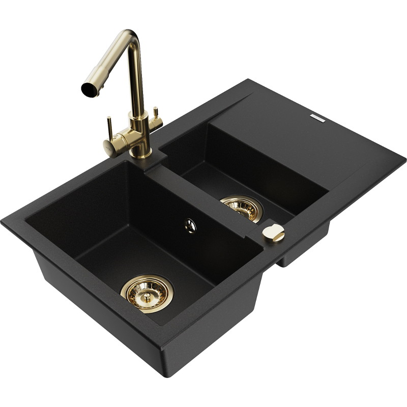 Mexen Gaspar granite sink 1.5-bowl with drainer and Duero kitchen faucet, black - 6507-77-671600-50