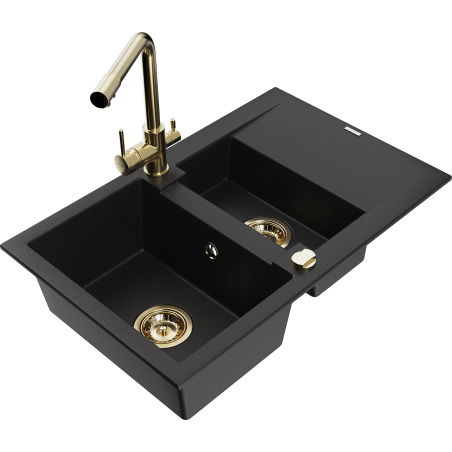 Mexen Gaspar 1.5-compartment granite sink with a drip tray and kitchen mixer tap Duero, Black - 6507-77-671600-50