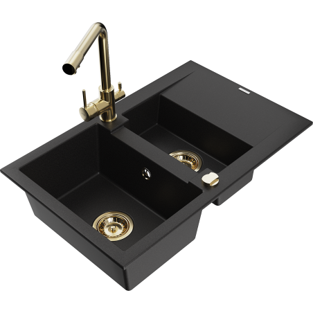 Mexen Gaspar granite sink 1.5-bowl with drainer and Duero kitchen faucet, black - 6507-77-671600-50