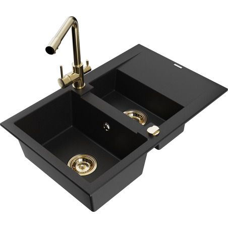 Mexen Gaspar granite sink 1.5-bowl with drainer and Duero kitchen tap, black - 6507-77-671600-50