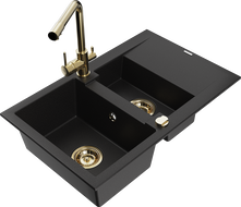 Mexen Gaspar granite sink 1.5-bowl with drainer and Duero kitchen faucet, black - 6507-77-671600-50