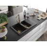 Mexen Gaspar granite sink 1.5-bowl with drainer and Duero kitchen faucet, black - 6507-77-671600-50