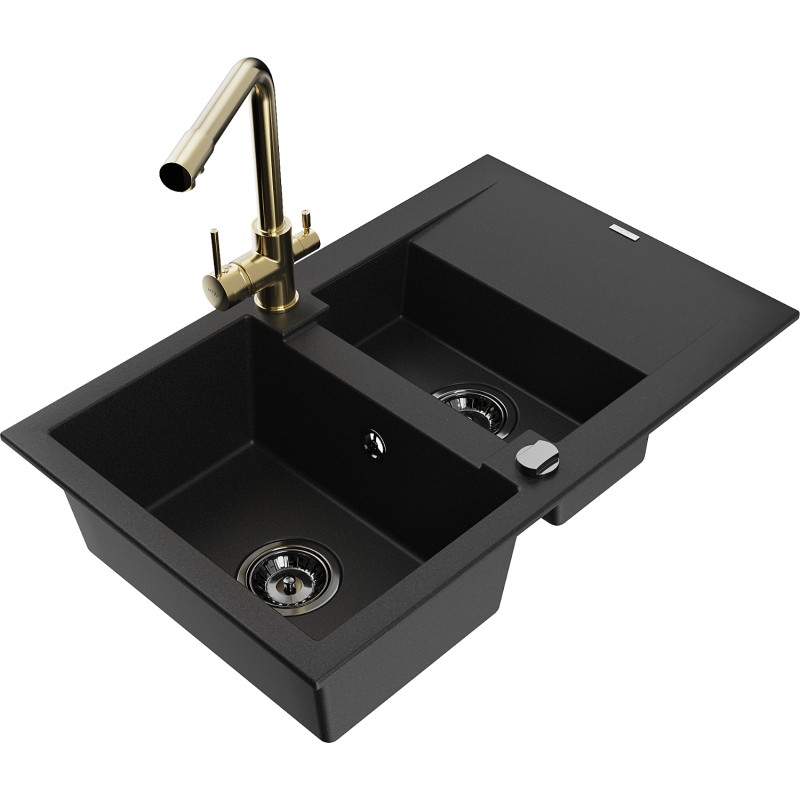 Mexen Gaspar granite sink 1.5-bowl with drainer and kitchen faucet Duero, black - 6507-77-671600-50-B