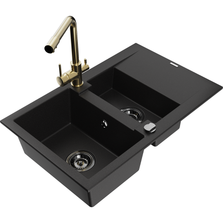 Mexen Gaspar 1.5-compartment granite sink with a drip tray and kitchen mixer tap Duero, Black - 6507-77-671600-50-B