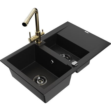 Mexen Gaspar granite sink 1.5-bowl with drainer and Duero kitchen faucet, black - 6507-77-671600-50-B