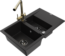 Mexen Gaspar 1.5-compartment granite sink with a drip tray and kitchen mixer tap Duero, Black - 6507-77-671600-50-B