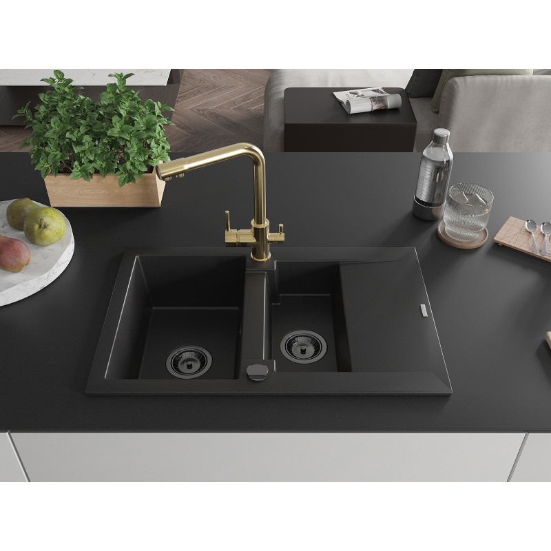 Mexen Gaspar granite sink 1.5-bowl with drainer and Duero kitchen faucet, black - 6507-77-671600-50-B