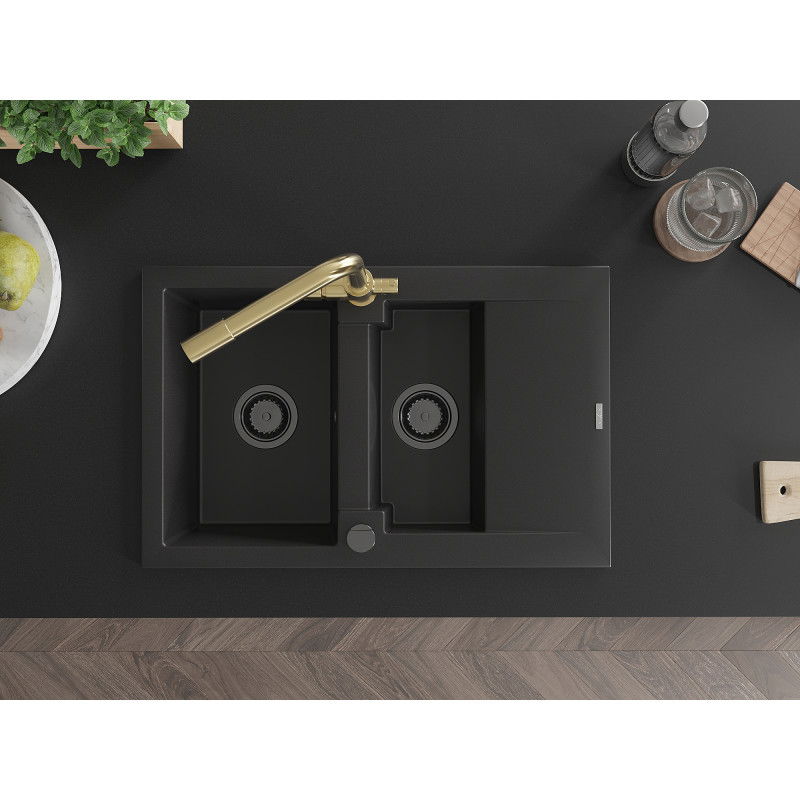 Mexen Gaspar granite sink 1.5-bowl with drainer and Duero kitchen tap, black - 6507-77-671600-50-B