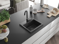 Mexen Milo 1-bowl granite kitchen sink with Telma kitchen tap, black speckled - 66505-76-670200-70-B