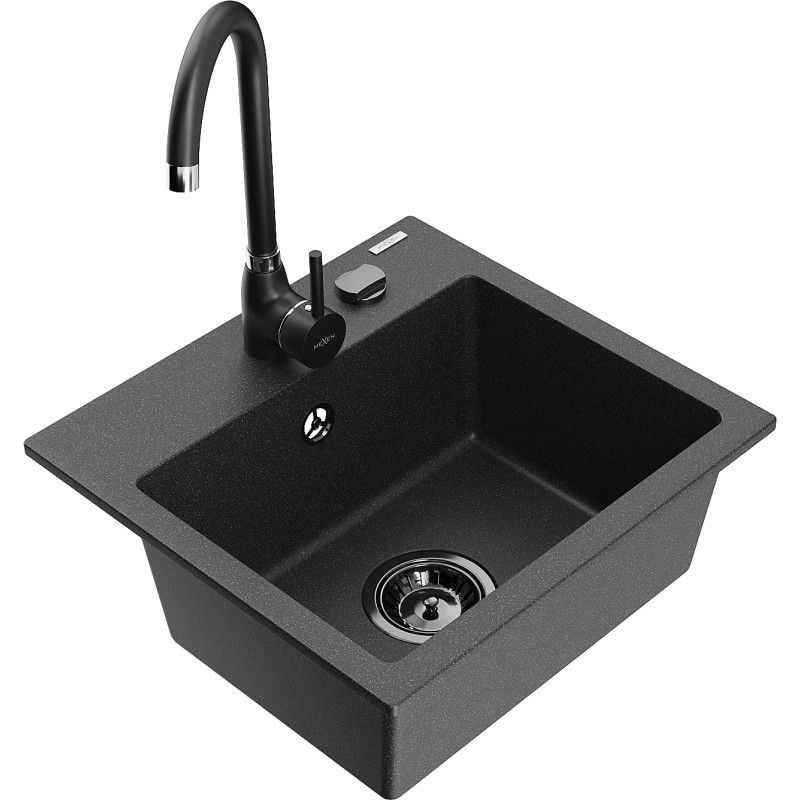 Mexen Milo 1-bowl granite kitchen sink with Telma kitchen faucet, black speckled - 66505-76-670200-70-B