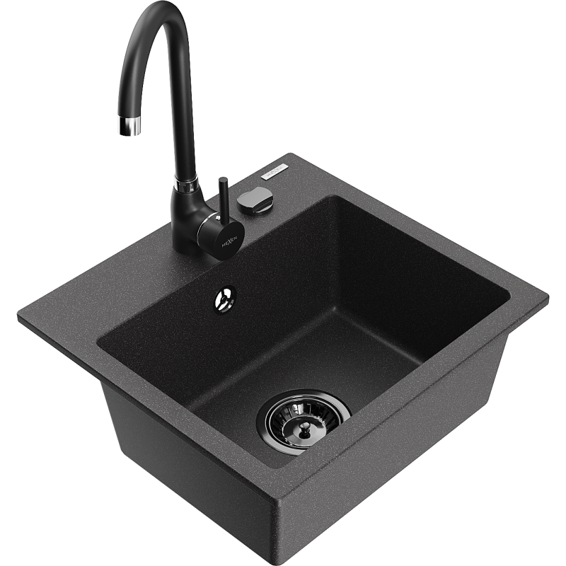 Mexen Milo 1-bowl granite kitchen sink with Telma kitchen tap, black speckled - 66505-76-670200-70-B