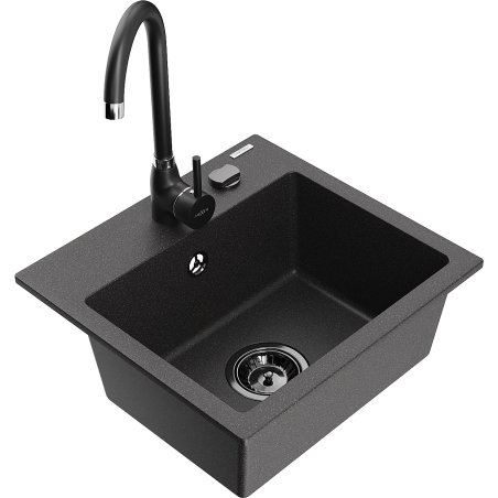 Mexen Milo 1-bowl granite kitchen sink with Telma kitchen faucet, black speckled - 66505-76-670200-70-B