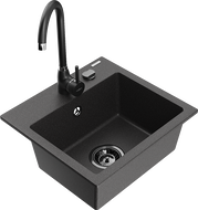 Mexen Milo 1-bowl granite kitchen sink with Telma kitchen tap, black speckled - 66505-76-670200-70-B