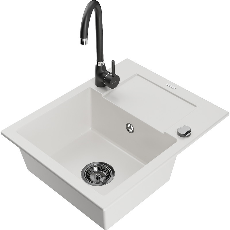 Mexen Enzo 1-bowl granite sink with drainer and kitchen faucet Telma, white - 6506-20-670200-70