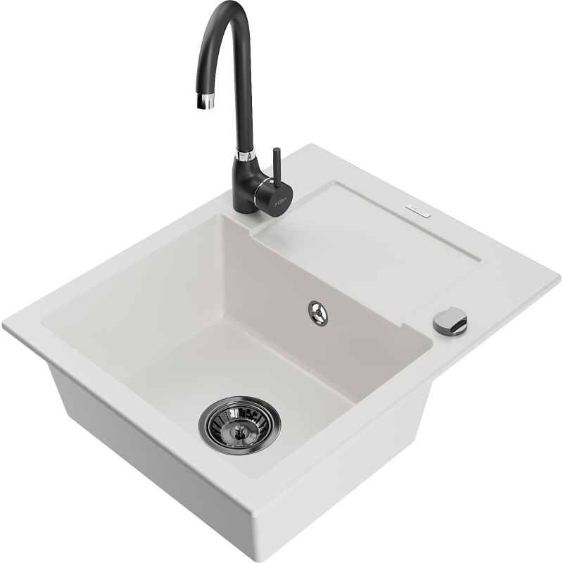 Mexen Enzo 1-compartment granite sink with a drip tray and kitchen mixer tap Telma, White - 6506-20-670200-70