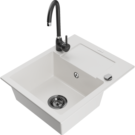 Mexen Enzo 1-bowl granite sink with drainer and kitchen faucet Telma, white - 6506-20-670200-70
