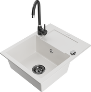 Mexen Enzo 1-compartment granite sink with a drip tray and kitchen mixer tap Telma, White - 6506-20-670200-70