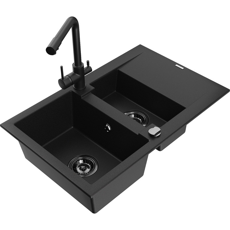 Mexen Gaspar granite sink 1.5-bowl with drainer and Duero kitchen faucet, black - 6507-77-671600-70-B