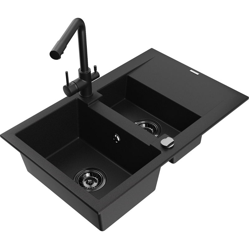 Mexen Gaspar granite sink 1.5-bowl with drainer and Duero kitchen tap, black - 6507-77-671600-70-B
