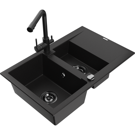 Mexen Gaspar granite sink 1.5-bowl with drainer and Duero kitchen faucet, black - 6507-77-671600-70-B
