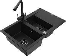 Mexen Gaspar 1.5-compartment granite sink with a drip tray and kitchen mixer tap Duero, Black - 6507-77-671600-70-B
