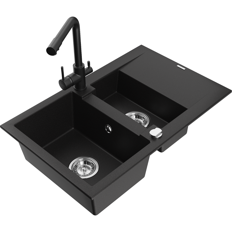 Mexen Gaspar 1.5-compartment granite sink with a drip tray and kitchen mixer tap Duero, Black - 6507-77-671600-70