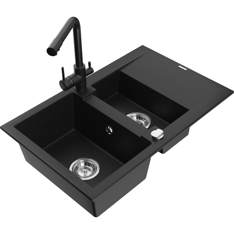 Mexen Gaspar granite kitchen sink 1.5-bowl with drainer and Duero kitchen tap, black - 6507-77-671600-70